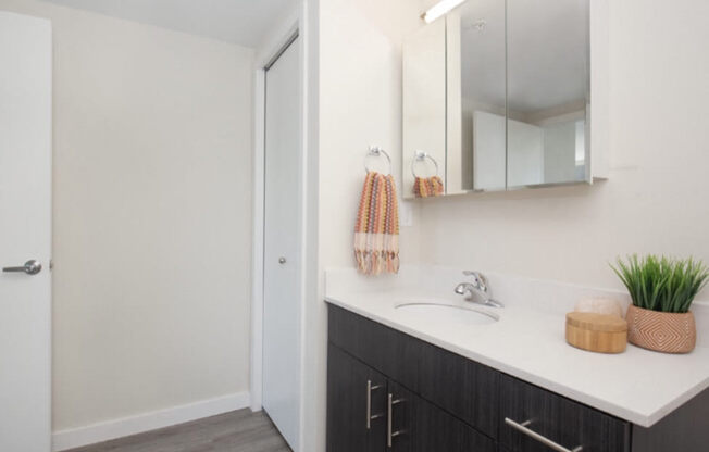 Bathroom with dark vanity and white countertops, vanity mirror, and overhead lighting at Arabella Apartment Homes, Shoreline, Washington