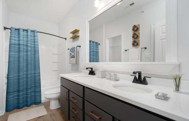 a bathroom with a large mirror and a sink and a toilet