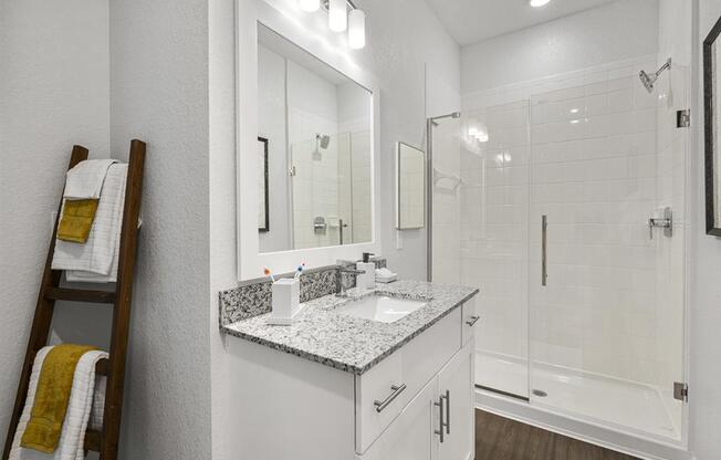 a bathroom with a sink and a shower