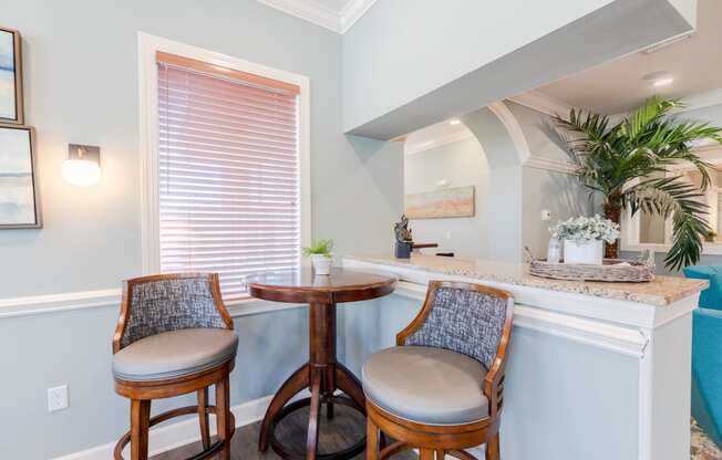 a bar area with two stools and a window at Heritage Bay, Florida