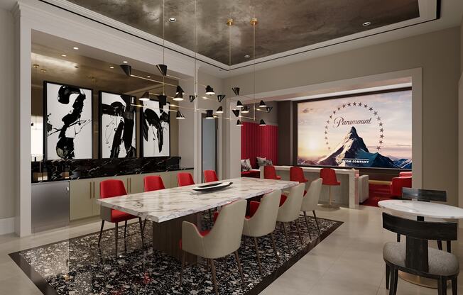 a dining room with a marble table and red chairs at Altis Grand Suncoast, Land O' Lakes, 34638