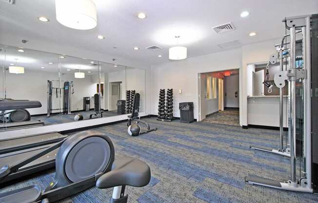 a gym with weights and cardio equipment at the preserve at great neck apartments