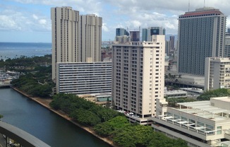1717 Ala Wai Boulevard, 25th floor, part. furn. 2 bdrm., 2 bath w/ 1 cov'd parking, washer/dryer in apt. Large lanai/ocean view!