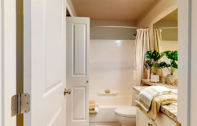 A bathroom here at A'Cappella with a bright vanity counter, granite-style top, tub-shower combo with curtain, white cabinetry, and fresh green plants, creating a clean and welcoming space.