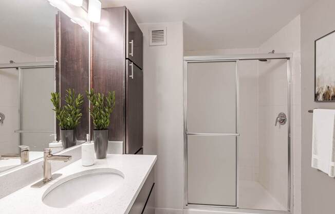 Bathroom with Plenty of Storage at 15 Bank Apartments in White Plains, NY 10606