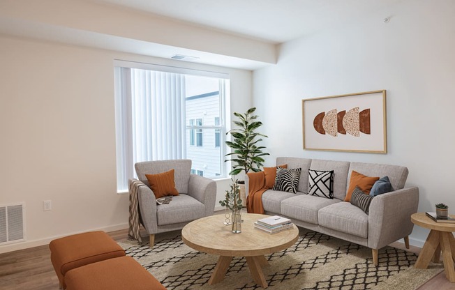 a living room with two couches and a coffee table