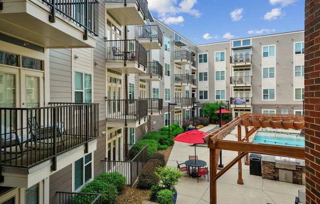 a view of an apartment building with a pool at Link Apartments® Brookstown, Winston Salem, NC