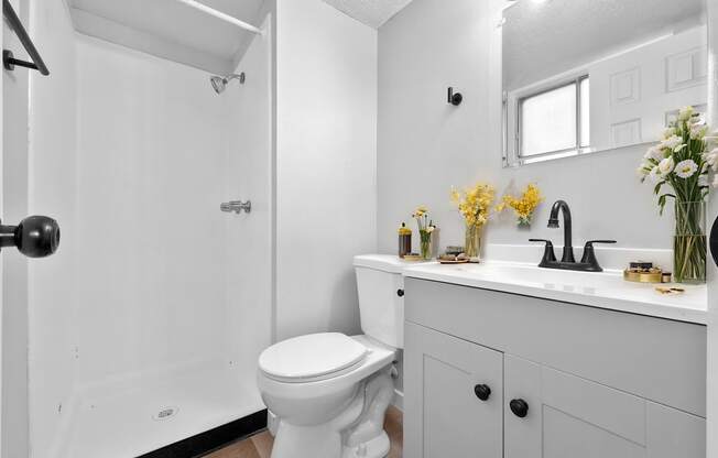 A white bathroom with a toilet, sink, and shower.