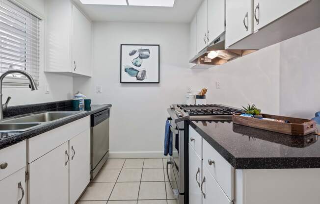 Hayward, CA Apartments for Rent - Glen Oaks - Modern Aisle-Style Kitchen with Black Granite Countertops, Stainless Steel Appliances, Tiled Flooring, White Cabinetry, and a Nearby Window