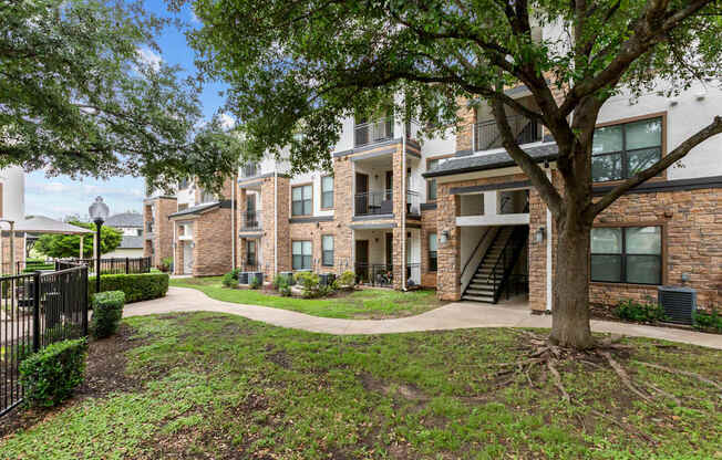 A tree in front of a building with a black fence.