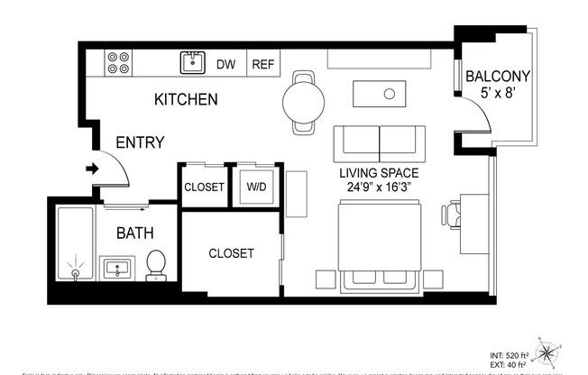 Studio, 1 bath, 520 sqft, $4,400, Unit 3E