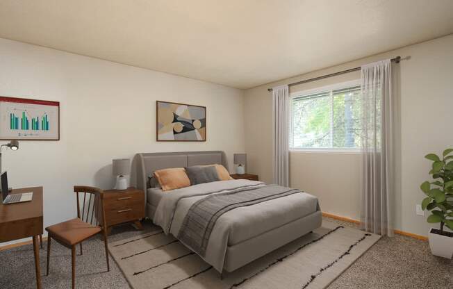 A bedroom with a bed, chair, and window.