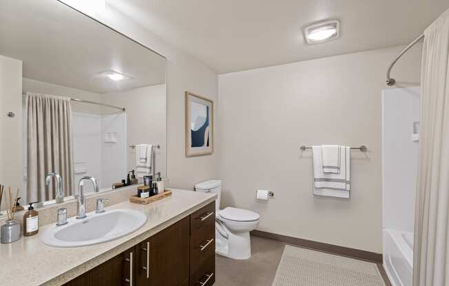 a bathroom with a sink toilet and shower