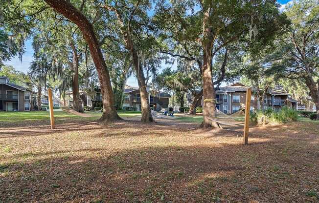 firepit and lounge area with hammocks under beautiful south carolina trees