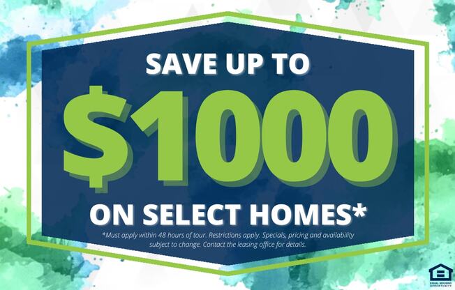 A promotional image advertising savings of up to $1000 on select homes.