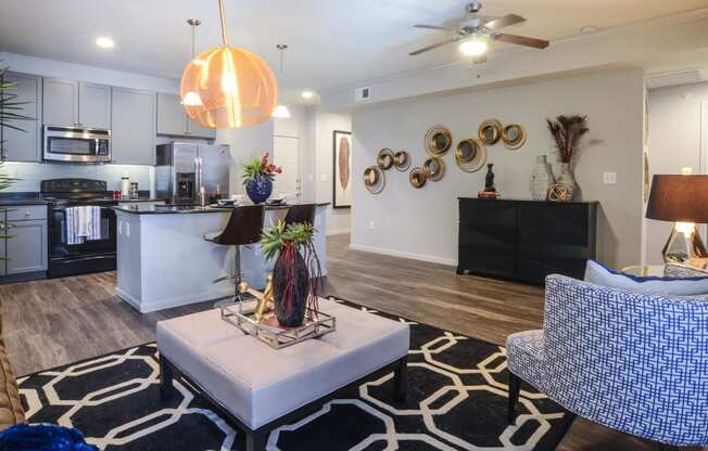 a living room with a couch and a table