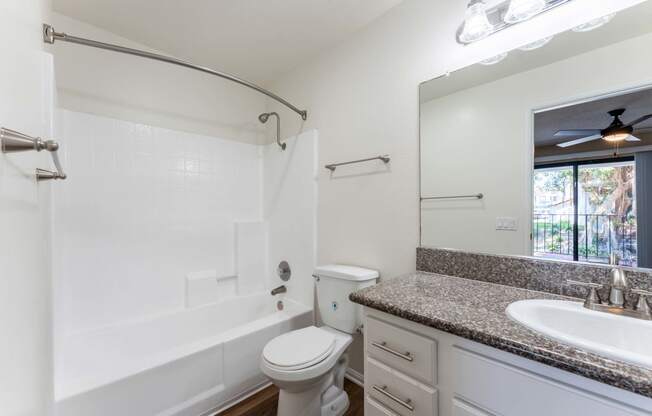 a bathroom with a shower toilet and sink and a mirror
