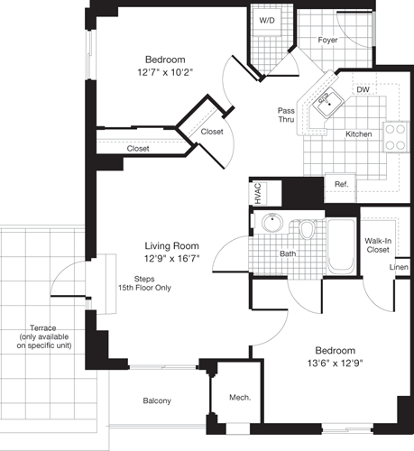 2 beds, 1 bath, 841 sqft, $3,539, Unit 1711