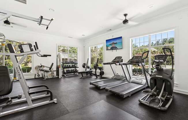 A spacious gym with a variety of exercise equipment.
