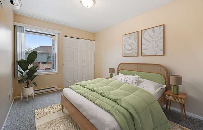 A bedroom with a bed, nightstand, and window.