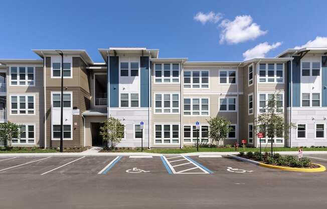 ample parking in front of stylish apartment exteriors