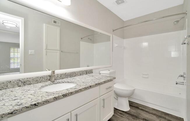 A modern bathroom featuring a granite countertop with a sink, a large mirror above, a white toilet, and a bathtub with a shower rod. The walls are painted light gray, and the flooring is a wood-like laminate. Natural light comes through a nearby window, creating a fresh and clean atmosphere.