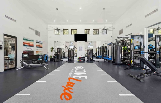 a fully equipped gym with cardio equipment and weights