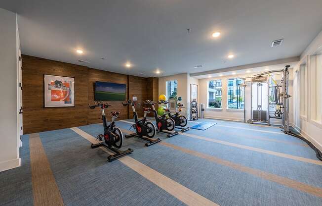 A room with exercise equipment and a painting on the wall.