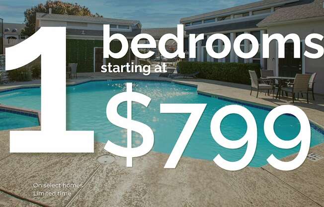 A pool with a table and chairs and a sign that says bedrooms starting at $799.