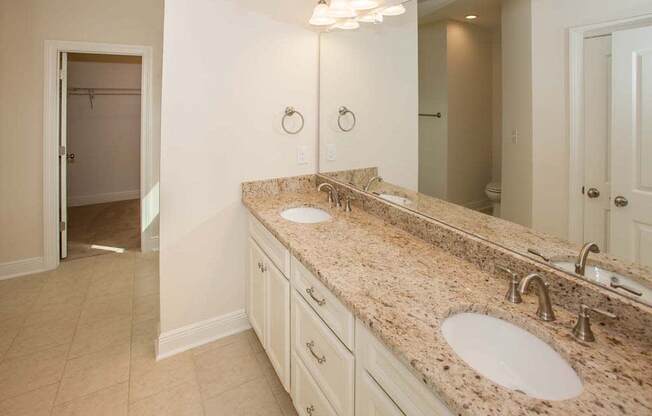 a bathroom with two sinks and a large mirror