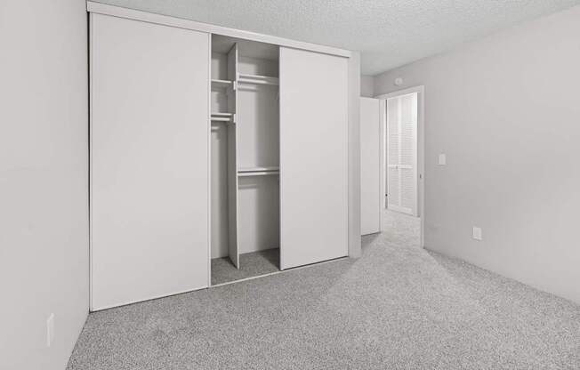 A white room with a white closet and a white door.