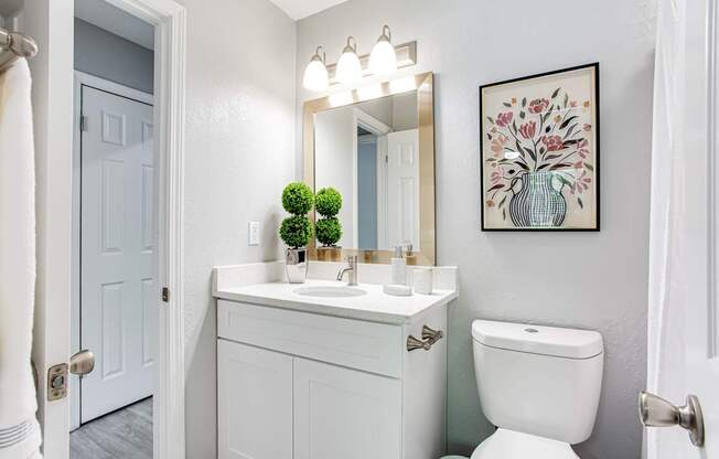 A bathroom with a white toilet, sink, and mirror.