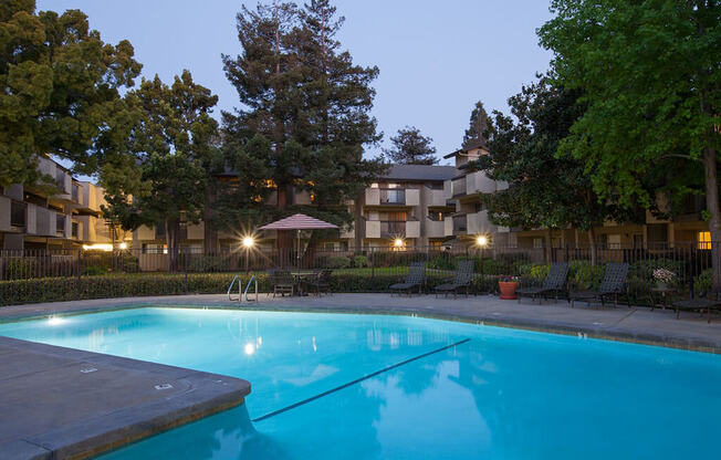 Pool View In Evening at Carrington Apartments, Fremont, California