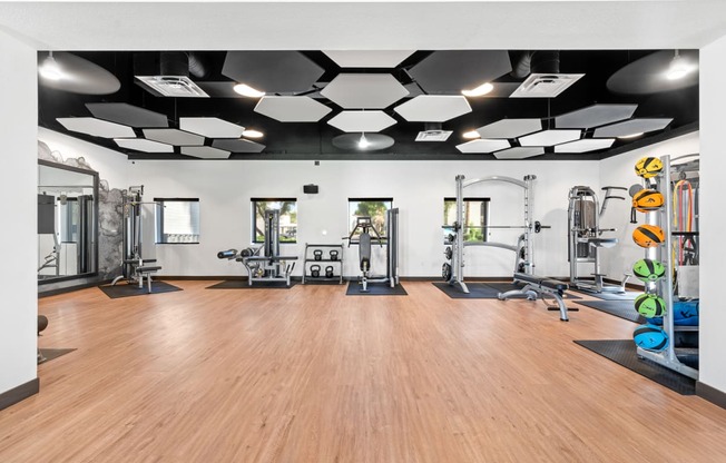 a spacious fitness room with hardwood floors and a ceiling with hexagon shaped lights