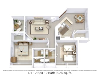 2 beds, 2 baths, 924 sqft, $1,135