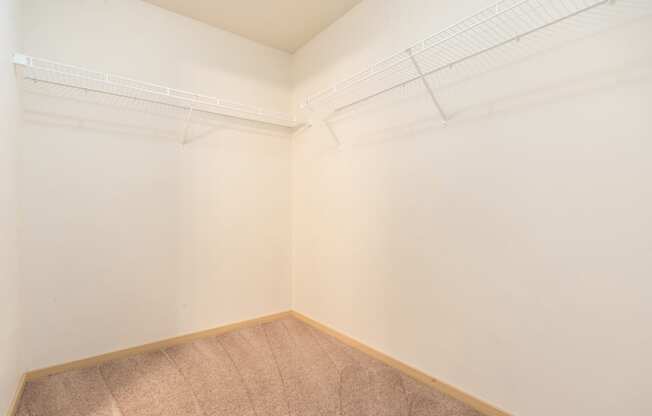 a small room with white walls and a beige carpet