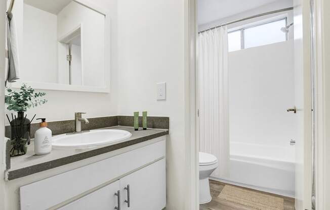 A white bathroom with a sink, mirror, toilet and bathtub.