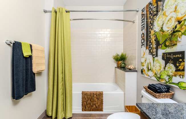 a bathroom with a shower curtain and a tub and a sink