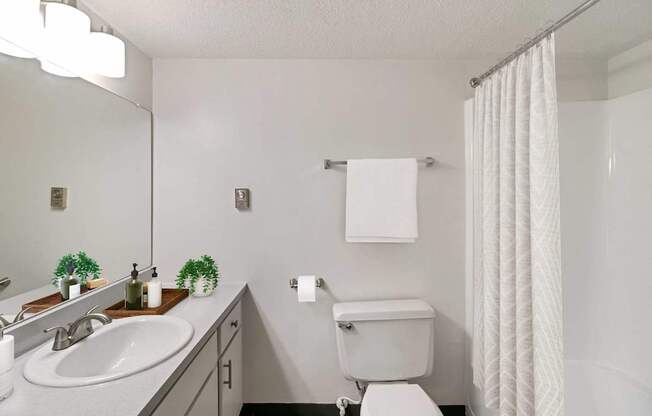 A white bathroom with a toilet, sink, and shower curtain.