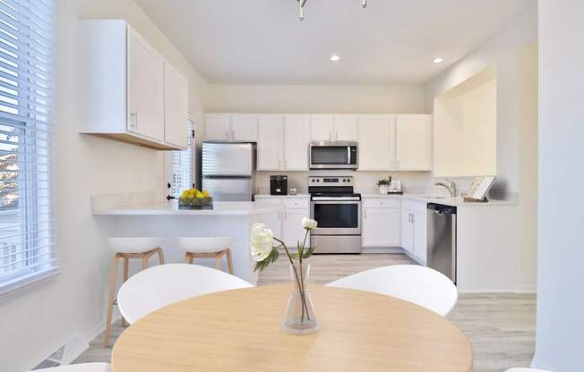 A modern kitchen with white cabinets and stainless steel appliances.