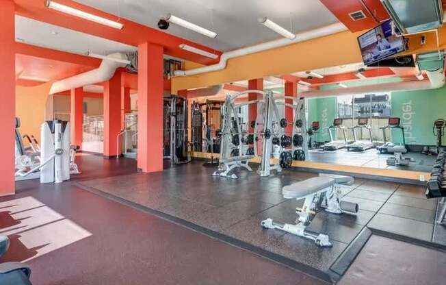 A modern fitness center here at Blue and Lime featuring a spacious strength training area with free weights, benches, and cable machines arranged across rubber flooring. Floor-to-ceiling mirrors, bold accent columns, exposed ceilings, and mounted televisions create an energizing environment designed for focused workouts and daily exercise routines.