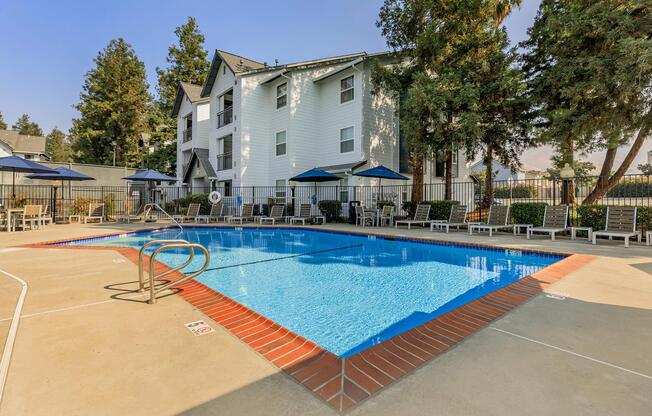 a pool next to a building