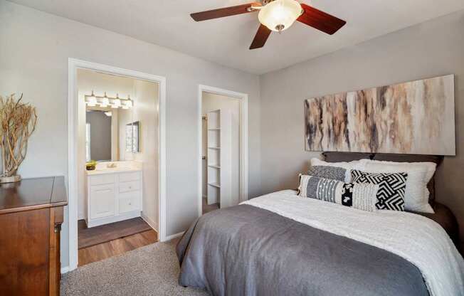 luxury bedroom with a ceiling fan at Dakota Ridge luxury Littleton, CO apartments