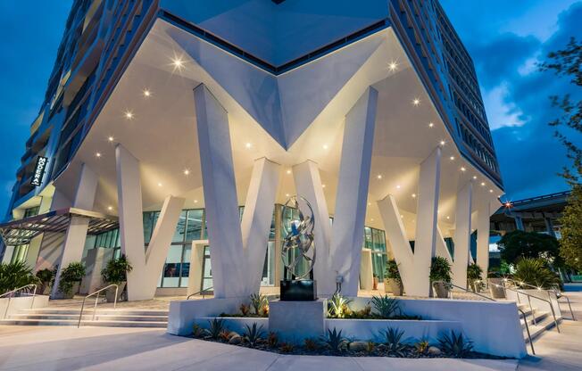 Striking entrance at Modera Riverside, where bold design meets the vibrant rhythm of Miami living.