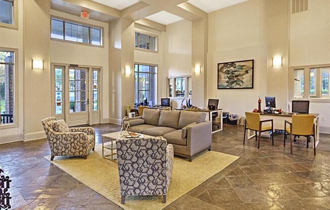 Leasable Event Space with Couches and Seating for 8 with Bright Open Windows at Alden Place at South Square Apartments, Durham, NC 27707