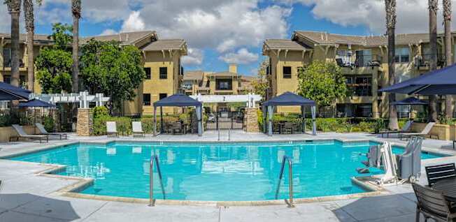 Panoramic view of pool area at 55+ FountainGlen Temecula