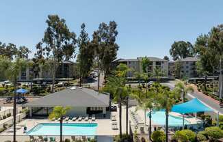 an aerial view of a resort with a pool and trees