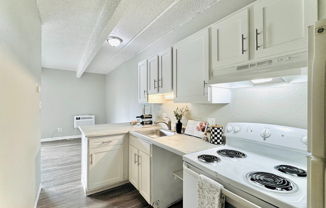 Modern kitchen with sleek white cabinets, modern appliances, and a stylish countertop, leading into an inviting living area with natural light.