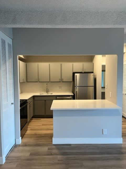A kitchen with a white countertop and wooden floors.