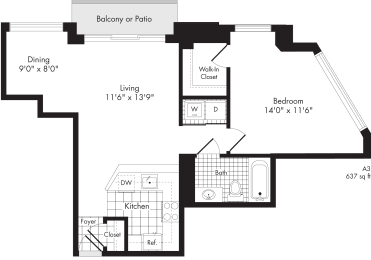 1 bed, 1 bath, 637 sqft, $2,369